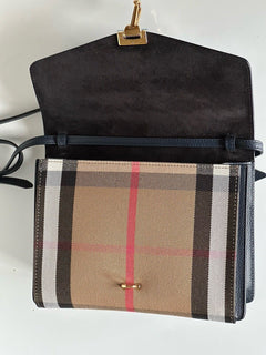 NWT Burberry Маленькая кожаная сумка через плечо Macken House в клетку дерби, синяя 39972051