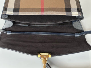 NWT Burberry Маленькая кожаная сумка через плечо Macken House в клетку дерби, синяя 39972051