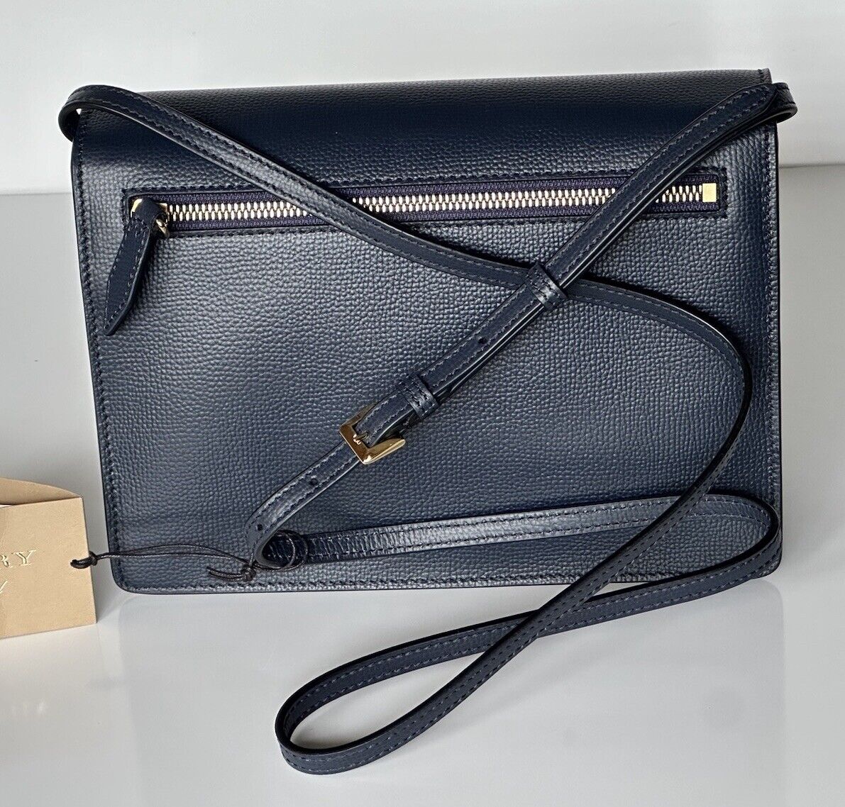 NWT Burberry Small Macken House Check Derby Leather Cross Body Bag Blue 39972051