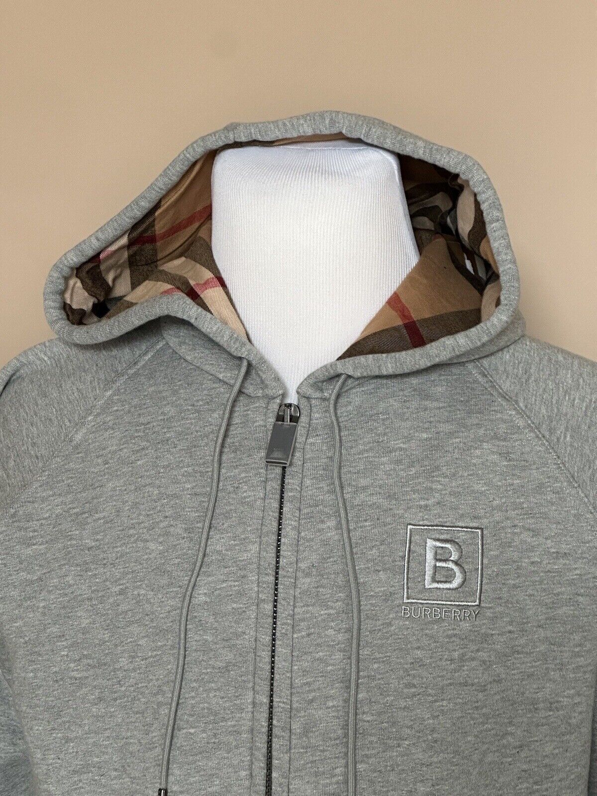 Neu mit Etikett: 920 $ Burberry Check Hoodie Baumwolle Reißverschlussjacke Grau XL (passt L) 8061557