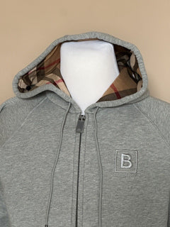 NWT $920 Burberry Check Hoodie Cotton Zip Up Jacket Gray XL (Fits L) 8061557