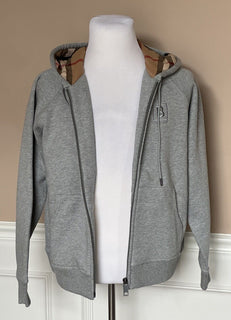 NWT $920 Burberry Check Hoodie Cotton Zip Up Jacket Gray XL (Fits L) 8061557