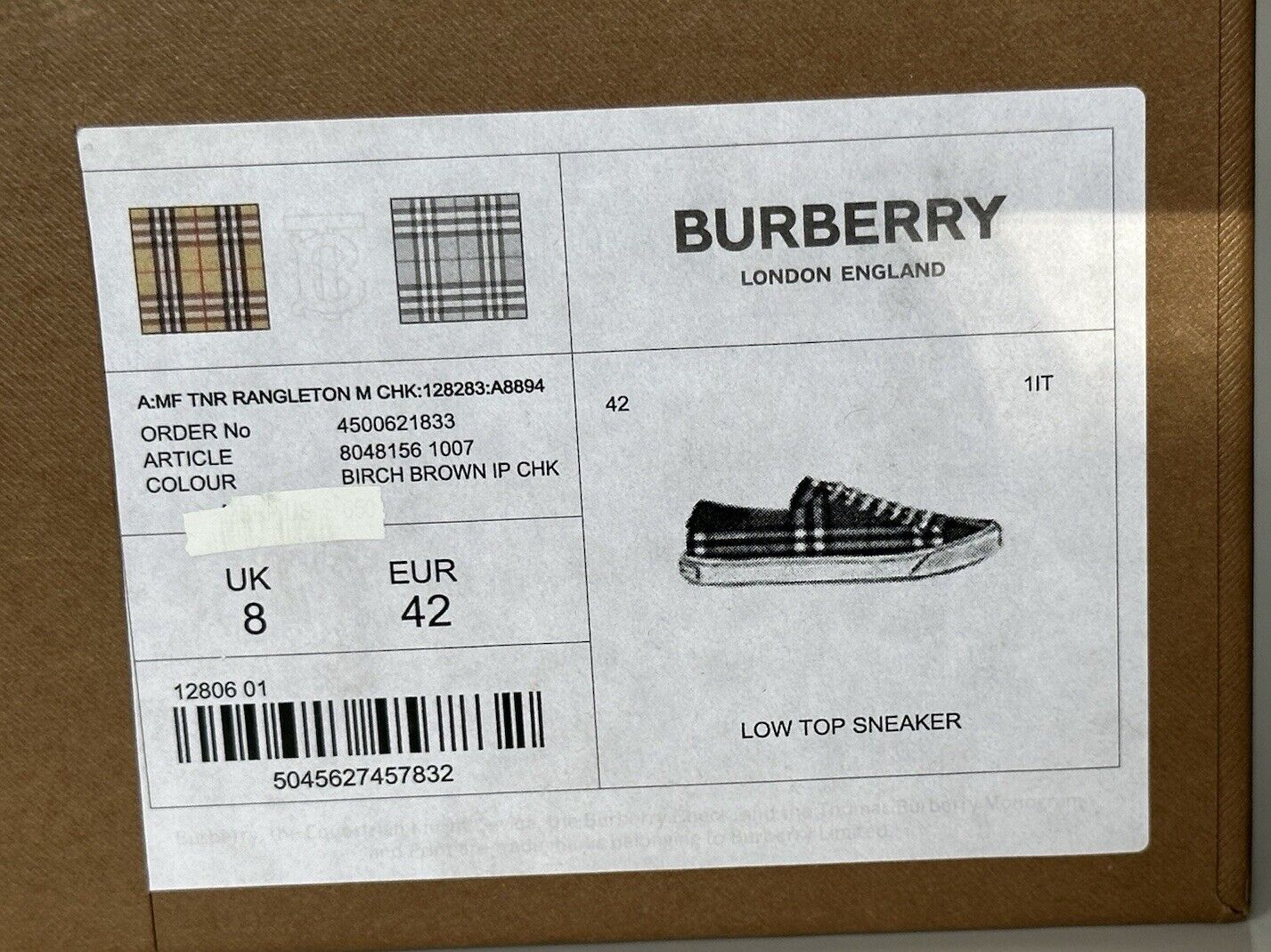 NIB $650 Burberry Men's Birch Brown Checks Low Top Sneakers 9 US (42 Eu) 8048156