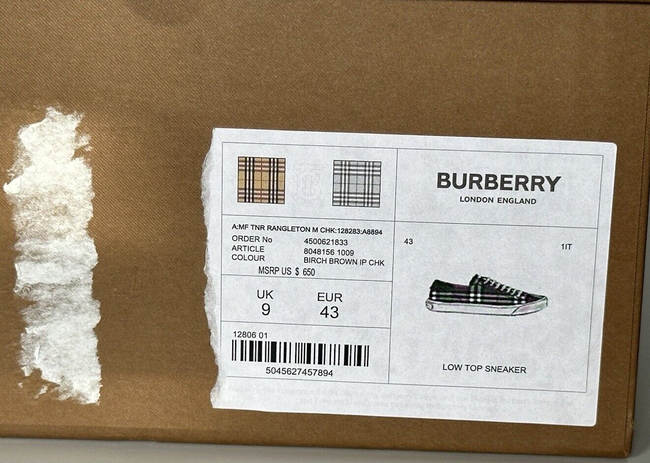 NIB $650 Burberry Men's Birch Brown Checks Low Top Sneakers 10 US (43) 8048156