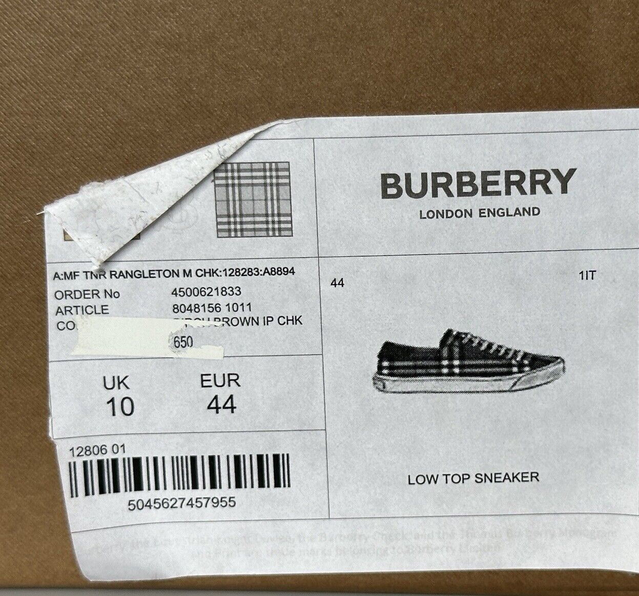NIB $650 Burberry Men's Birch Brown Checks Low Top Sneakers 11 US (44) 8048156