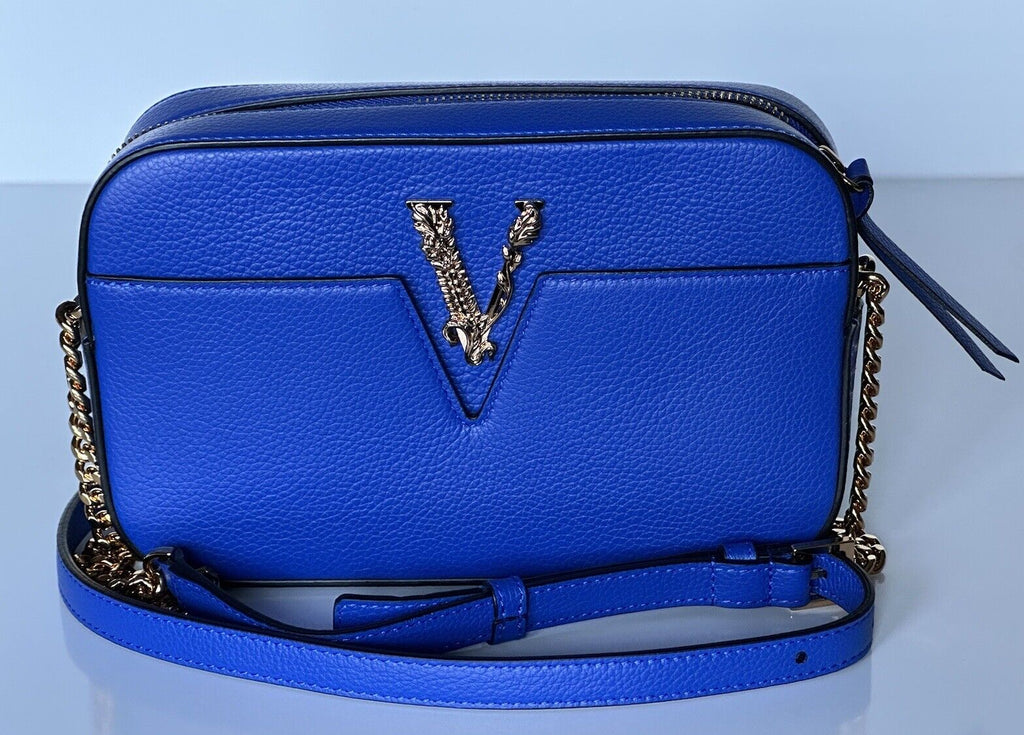 Versace Virtus Grainy Calf Leather Blue Small Shoulder Bag 1005969 IT NWT $1325