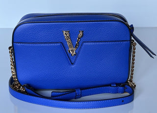 Versace Virtus Grainy Calf Leather Blue Small Shoulder Bag 1005969 IT NWT $1325