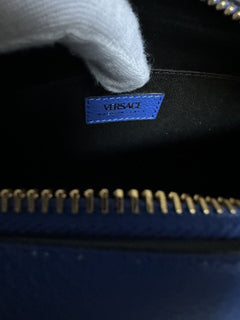 Versace Virtus Grainy Calf Leather Blue Small Shoulder Bag 1005969 IT NWT $1325