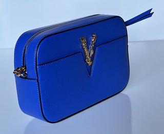 Versace Virtus Grainy Calf Leather Blue Small Shoulder Bag 1005969 IT NWT $1325