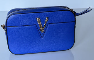 Versace Virtus Grainy Calf Leather Blue Small Shoulder Bag 1005969 IT NWT $1325