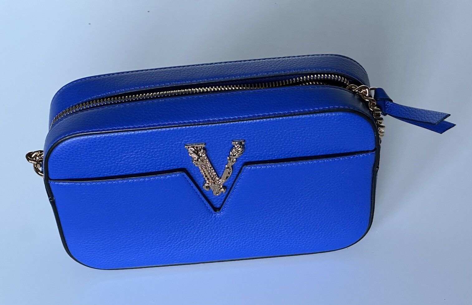 NWT $1325 Versace Virtus Grainy Calf Leather Blue Small Shoulder Bag 1005969 IT