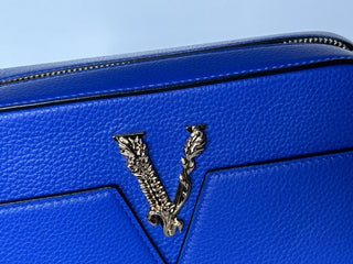 Versace Virtus Grainy Calf Leather Blue Small Shoulder Bag 1005969 IT NWT $1325