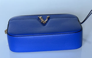 Versace Virtus Grainy Calf Leather Blue Small Shoulder Bag 1005969 IT NWT $1325