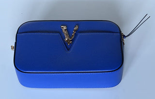 Versace Virtus Grainy Calf Leather Blue Small Shoulder Bag 1005969 IT NWT $1325