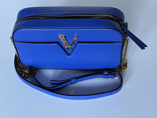 Versace Virtus Grainy Calf Leather Blue Small Shoulder Bag 1005969 IT NWT $1325