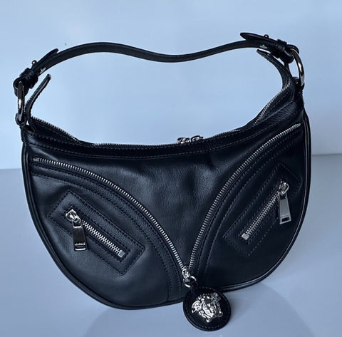 NWT $1925 Versace Silver Medusa Head Calf Leather Small Black Hobo Bag 1007680