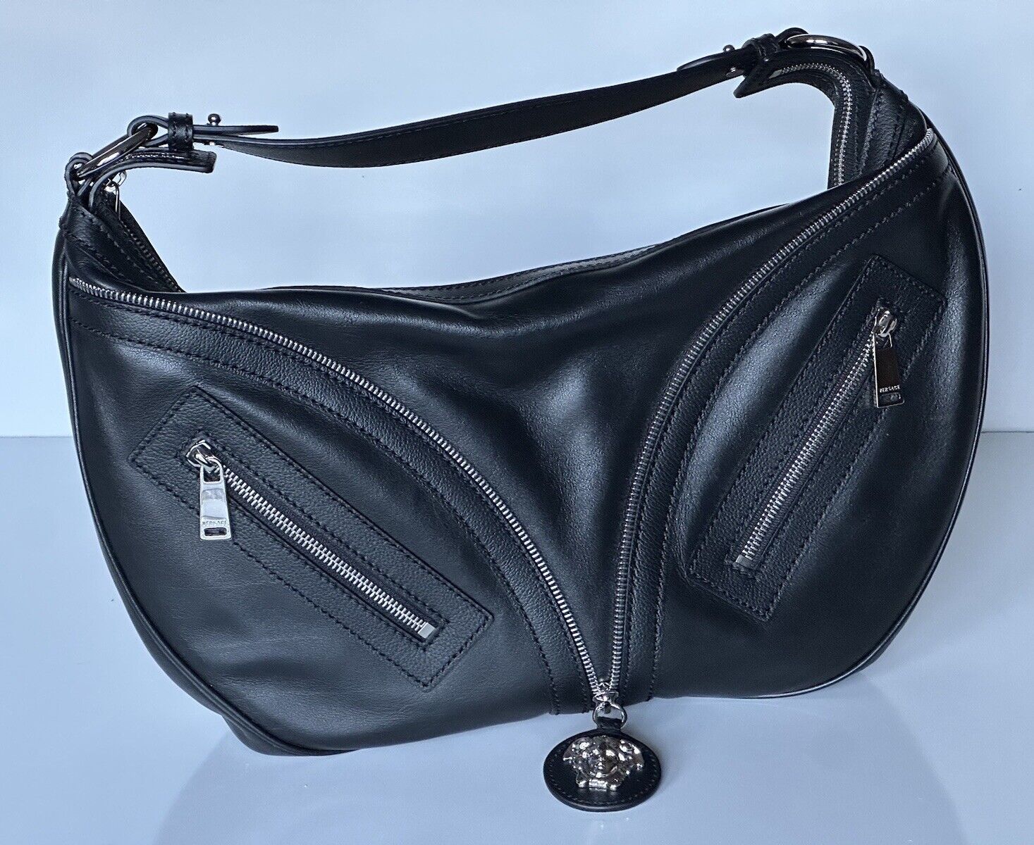 NWT $2325 Versace Silver Medusa Head Calf Leather Medium Black Hobo Bag 1007679