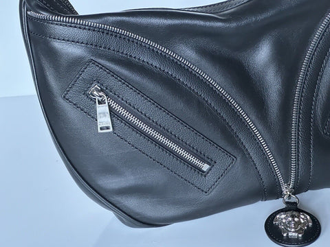 NWT $2325 Versace Silver Medusa Head Calf Leather Medium Black Hobo Bag 1007679