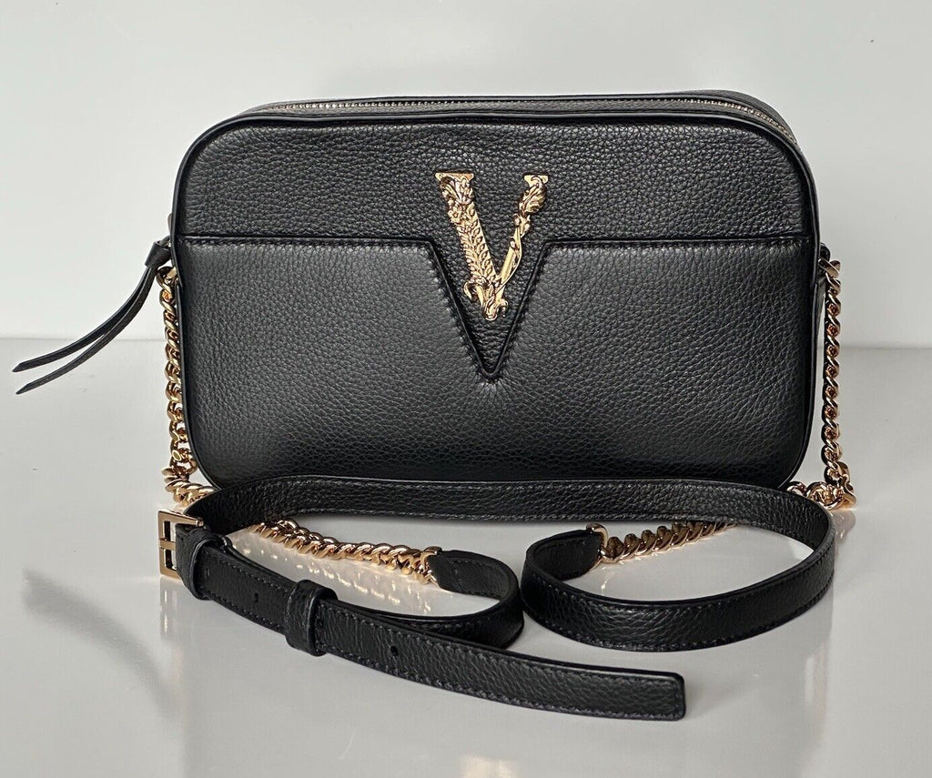 NWT $1325 Versace Virtus Grainy Calf Leather Black Small Shoulder Bag 1005969 IT