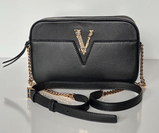 NWT $1325 Versace Virtus Grainy Calf Leather Black Small Shoulder Bag 1005969 IT