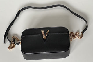 NWT $1325 Versace Virtus Grainy Calf Leather Black Small Shoulder Bag 1005969 IT