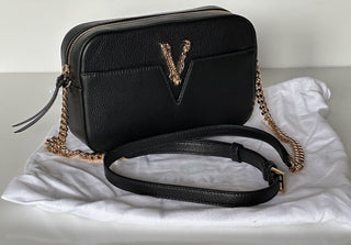 NWT $1325 Versace Virtus Grainy Calf Leather Black Small Shoulder Bag 1005969 IT
