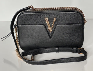 NWT $1325 Versace Virtus Grainy Calf Leather Black Small Shoulder Bag 1005969 IT