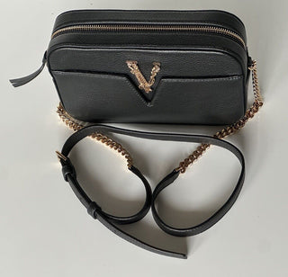 NWT $1325 Versace Virtus Grainy Calf Leather Black Small Shoulder Bag 1005969 IT
