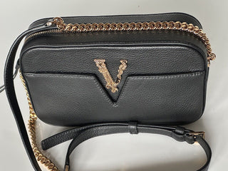 NWT $1325 Versace Virtus Grainy Calf Leather Black Small Shoulder Bag 1005969 IT