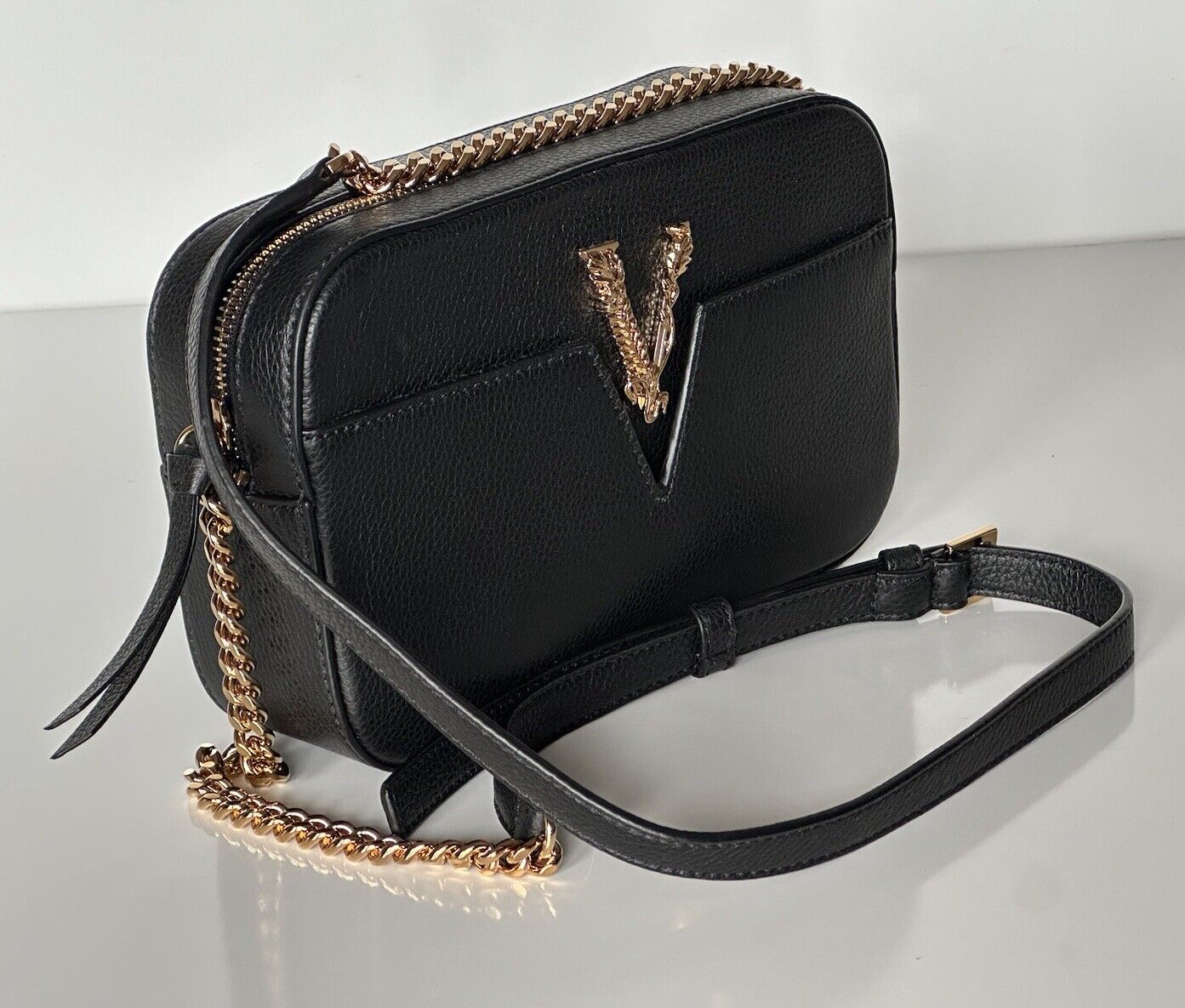 NWT $1325 Versace Virtus Grainy Calf Leather Black Small Shoulder Bag 1005969 IT