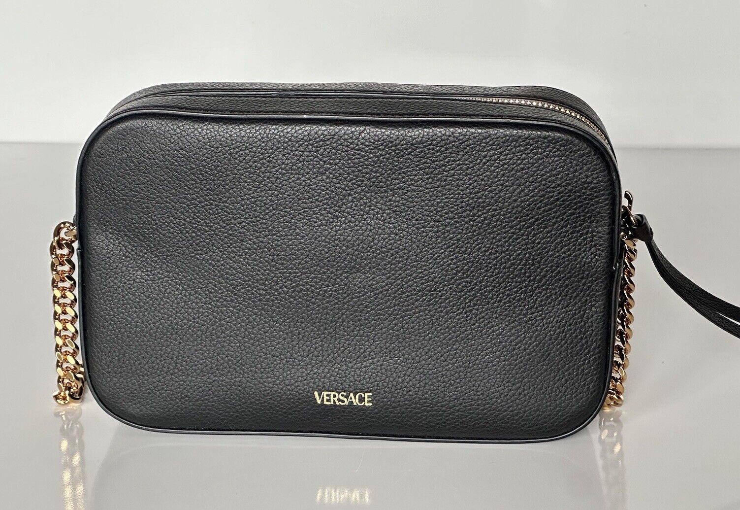 NWT $1325 Versace Virtus Grainy Calf Leather Black Small Shoulder Bag 1005969 IT