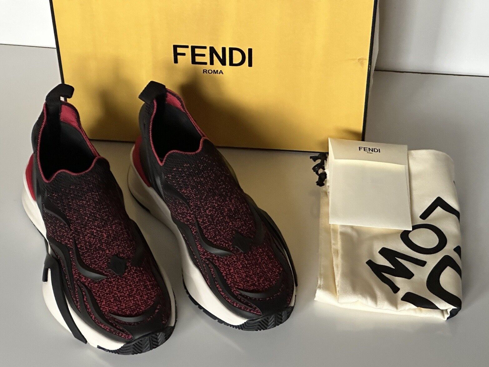 NIB 1050 Fendi Flow Men's Fabric Black/Red Sneakers 13 US (Fendi 12) 7E1504 IT