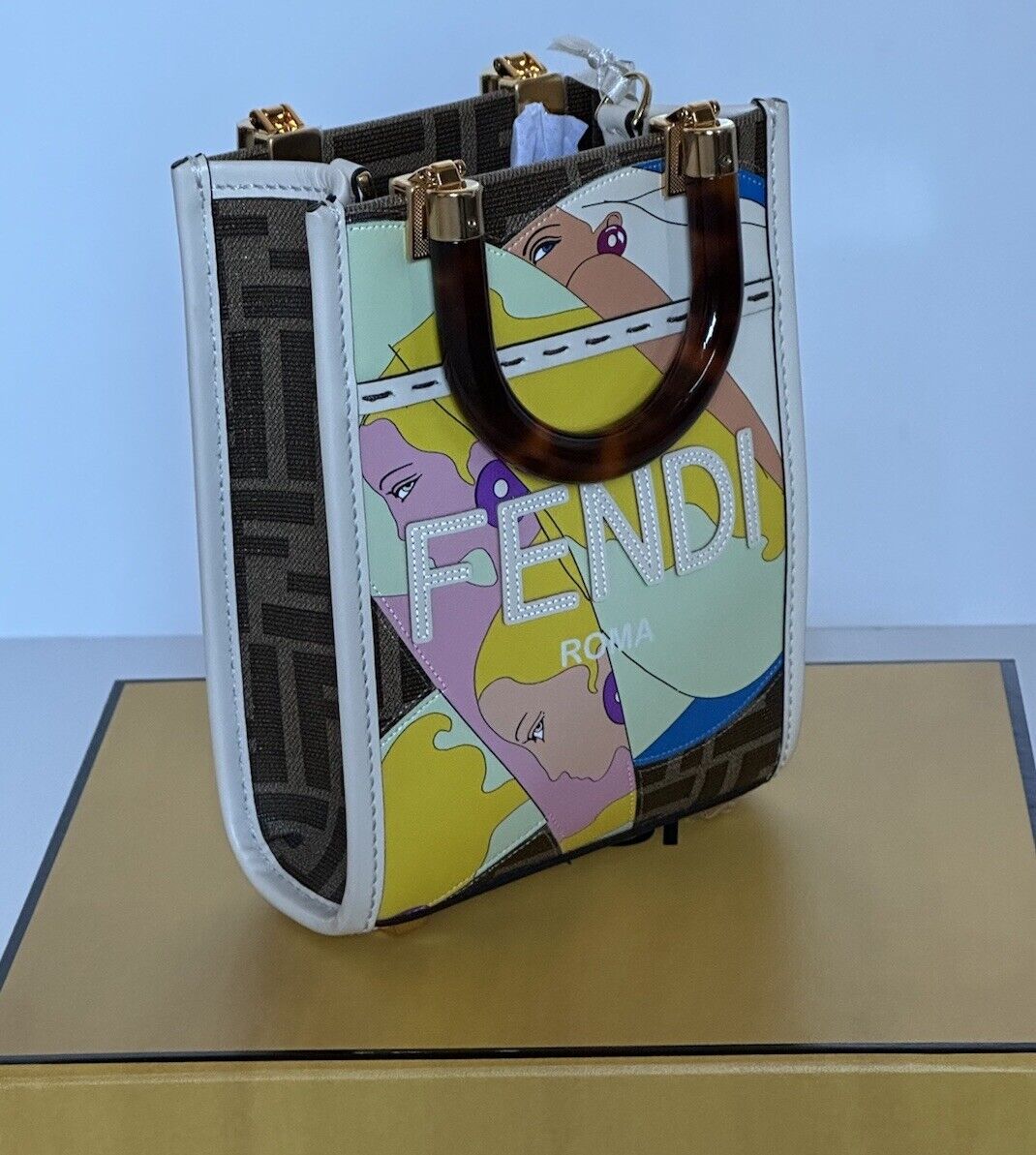 NWT $2772 Fendi Mini Sunshine Shopper Canvas/Leather Brown Shoulder Bag 8BS051