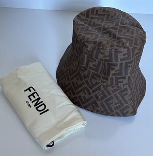 NWT $520 Fendi FF Woven Fabric Brown Bucket Hat Made in Italy Large FXQ200