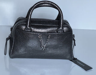 NWT $1775 Versace Bowling Calf Leather Metallic Gray Small Shoulder Bag 1011783