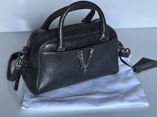 NWT $1775 Versace Bowling Calf Leather Metallic Gray Small Shoulder Bag 1011783