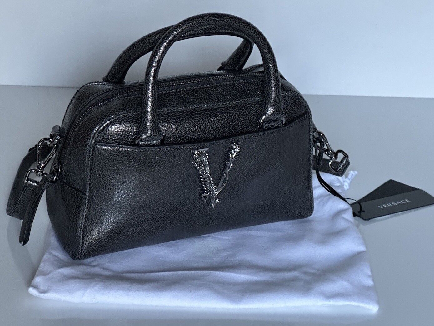 NWT $1775 Versace Bowling Calf Leather Metallic Gray Small Shoulder Bag 1011783