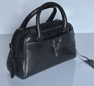 NWT $1775 Versace Bowling Calf Leather Metallic Gray Small Shoulder Bag 1011783