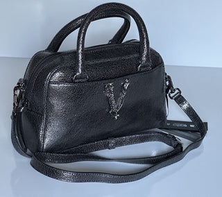 NWT $1775 Versace Bowling Calf Leather Metallic Gray Small Shoulder Bag 1011783