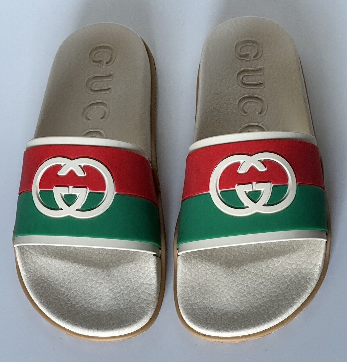 Gucci Mens Rubber GG Interlock White/Red/Green Sandals 5.5 US 5 Gucci 655265 NIB