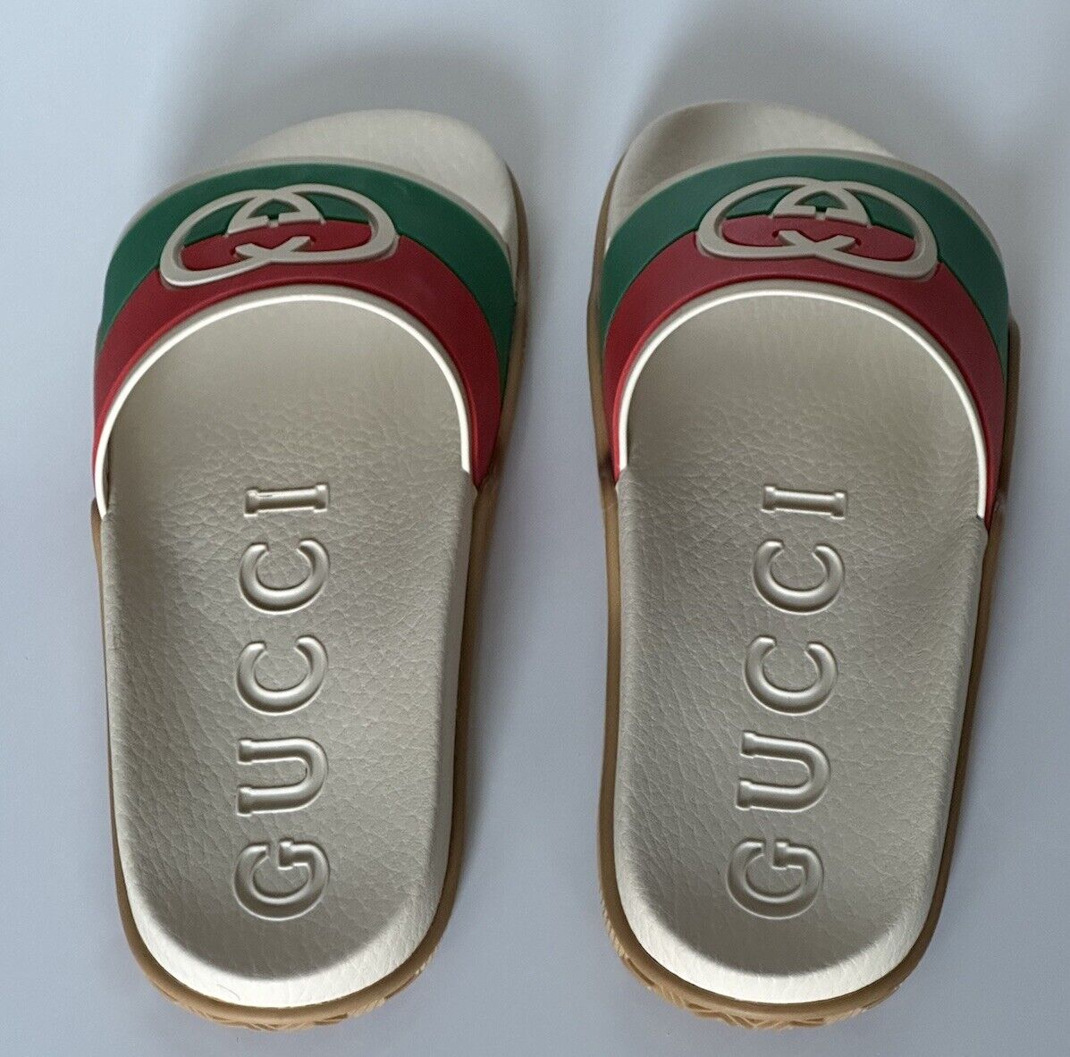 Gucci Mens Rubber GG Interlock White/Red/Green Sandals 5.5 US 5 Gucci 655265 NIB