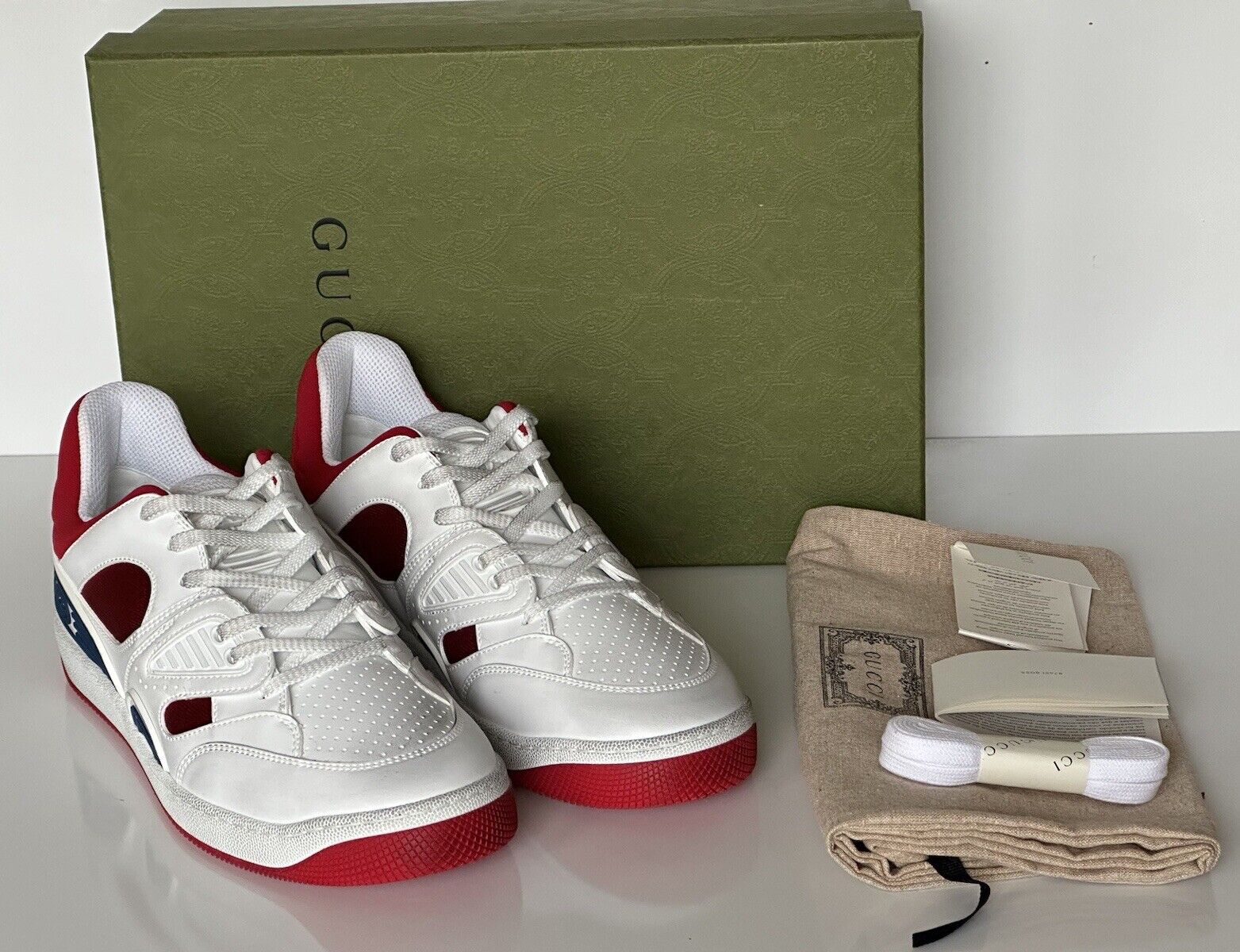 NIB Gucci Men's Low-top White/Red Leather Sneakers 10.5 US (Gucci 10G) 697882 IT