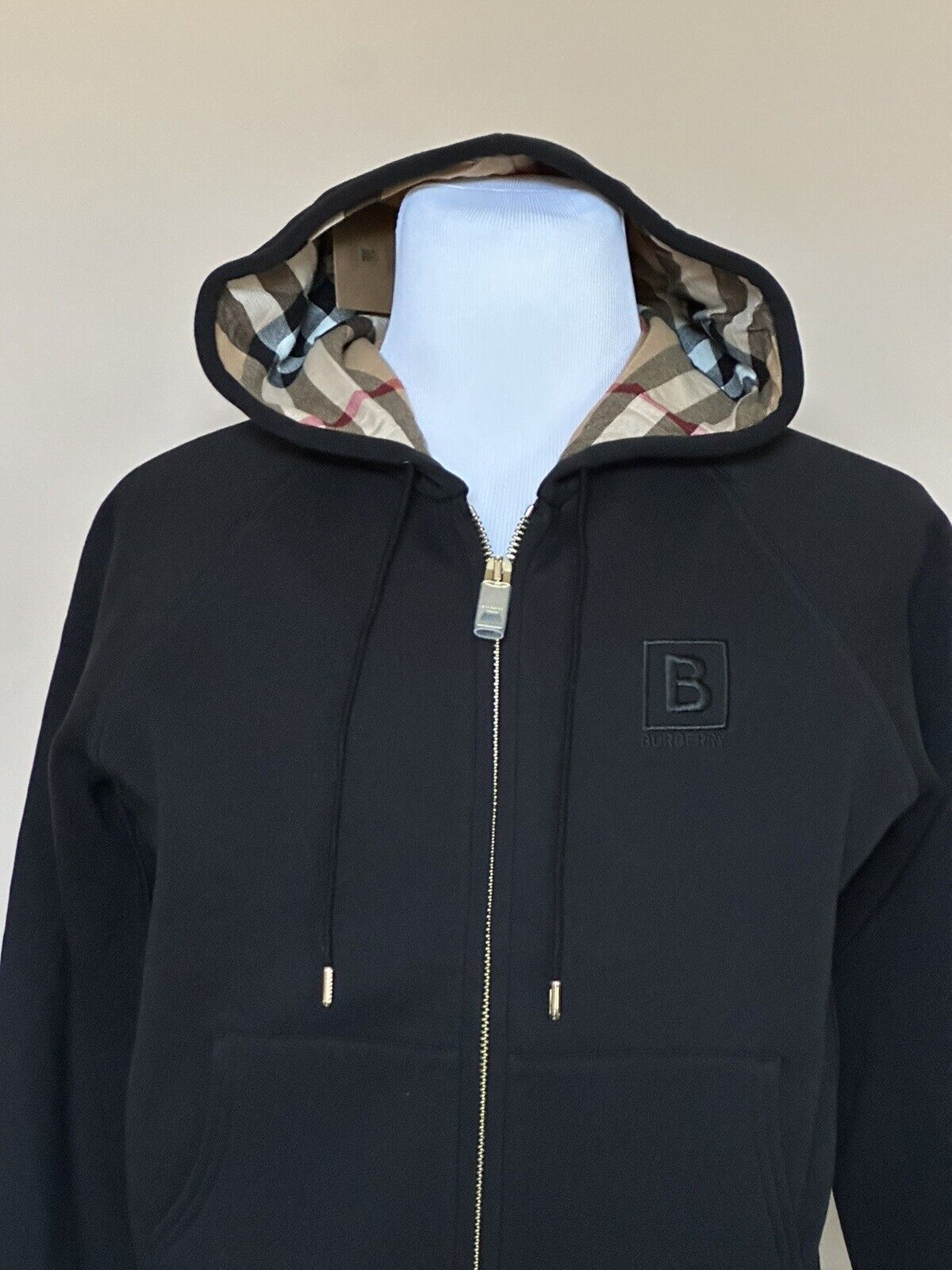 NWT $920 Burberry Check Women's Hoodie Cotton Zip Up Jacket Black XL 8061554
