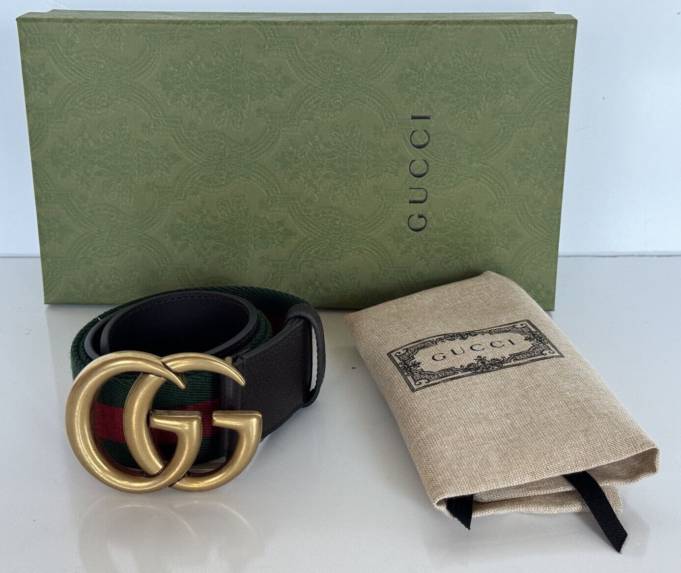 NWT Gucci Web GG Marmont Leather/Fabric Belt Green/Red/Brown 80/32 IT 409416