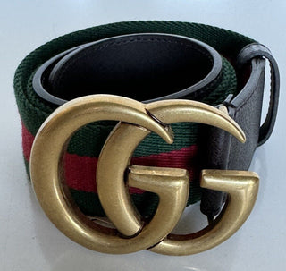 Gucci Web GG Marmont Leather/Fabric Belt Green/Red/Brown 80/32 IT 409416 NWT