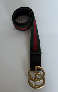 Gucci Web GG Marmont Leather/Fabric Belt Green/Red/Brown 80/32 IT 409416 NWT