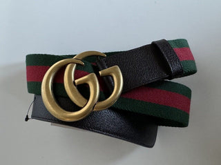 Gucci Web GG Marmont Leather/Fabric Belt Green/Red/Brown 80/32 IT 409416 NWT