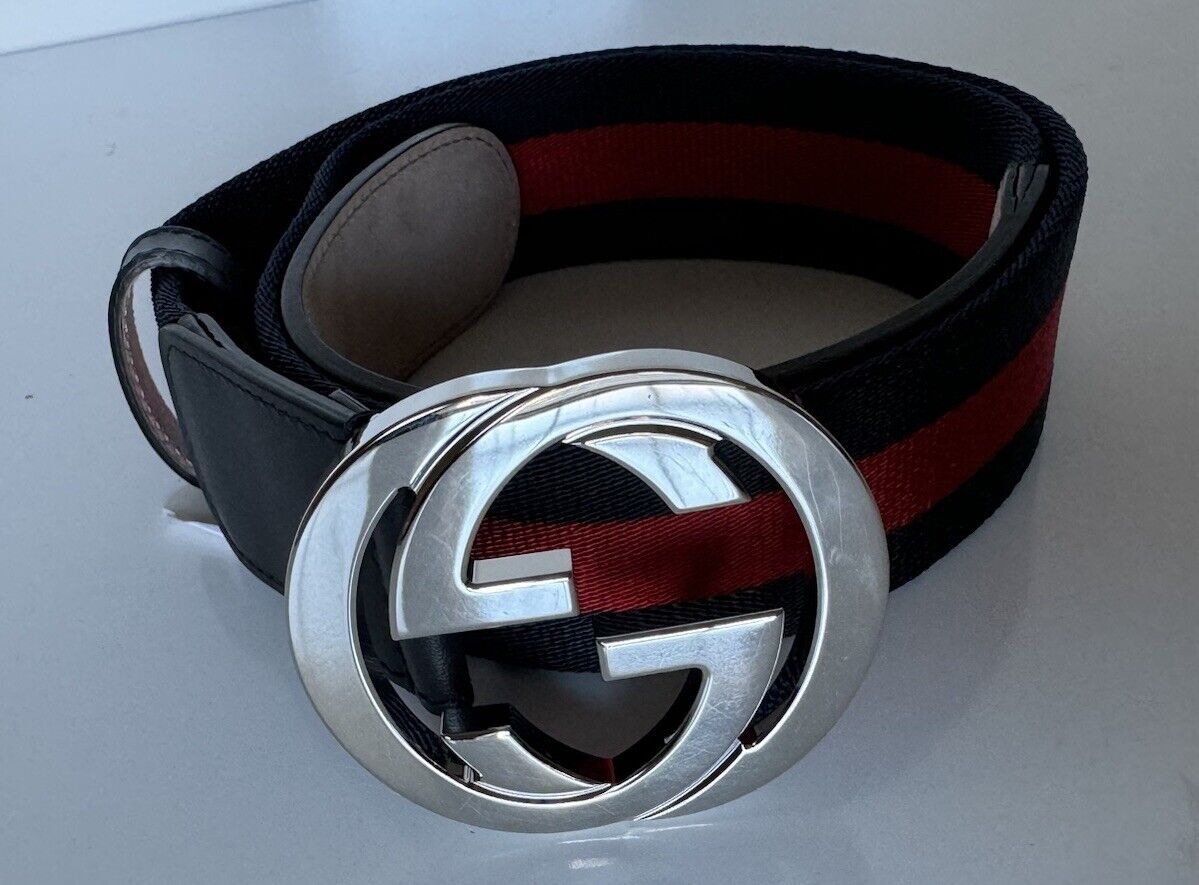 NWT Gucci Web GG Silver Buckle Leather/Fabric Belt Blue/Red 80/32 Italy 411924