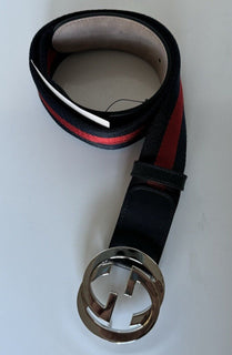 NWT Gucci Web GG Silver Buckle Leather/Fabric Belt Blue/Red 80/32 Italy 411924