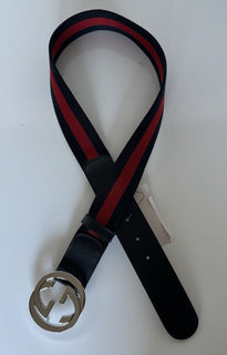 NWT Gucci Web GG Silver Buckle Leather/Fabric Belt Blue/Red 80/32 Italy 411924